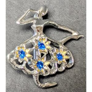 Vtg Ballerina Silvertone Pin Brooch 1.5" GERRY'S SIGNED Blue Rhinestones Dancer
